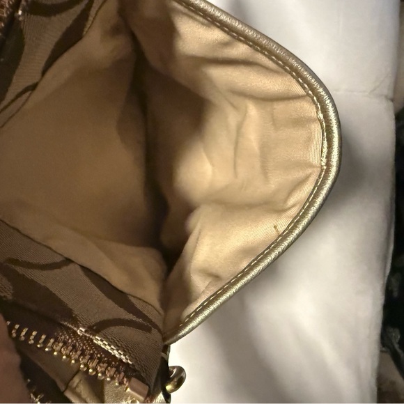 Coach Signature Crossbody Bag Tan Brown Canvas Gold Leather Trim 7.5 x 8.5 Bag - Picture 5 of 10